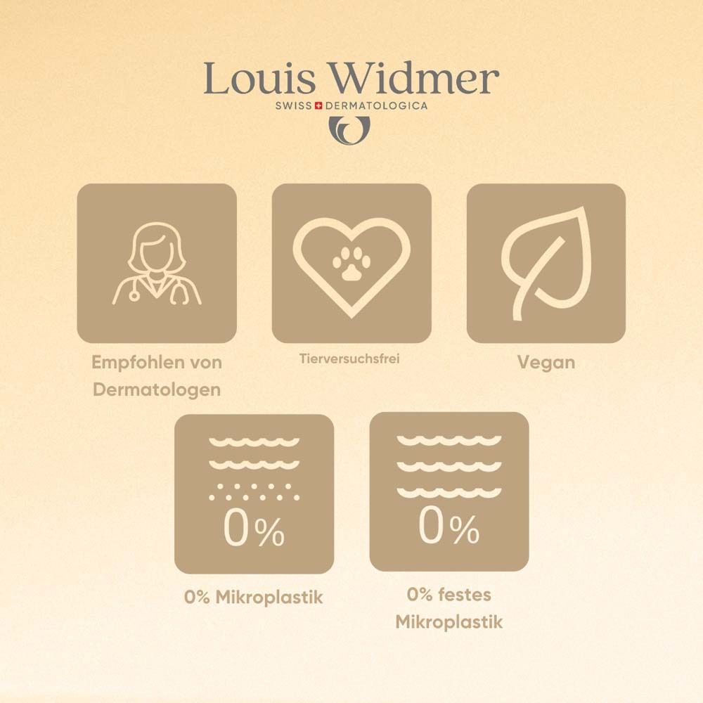 Icons: Dermatologen empfohlen, tierversuchsfrei, vegan, 0% Mikroplastik, 0% festes Mikroplastik. Logo Louis Widmer.