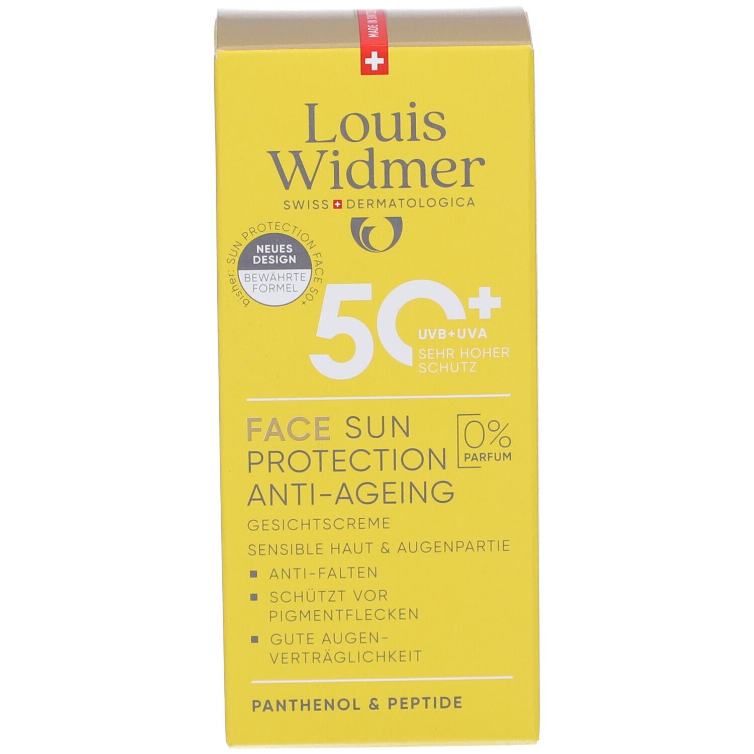 Boîte jaune de crème solaire. Inscription: Louis Widmer, 50+, Face Sun Protection Anti-Ageing. Avec '0% Parfum'.