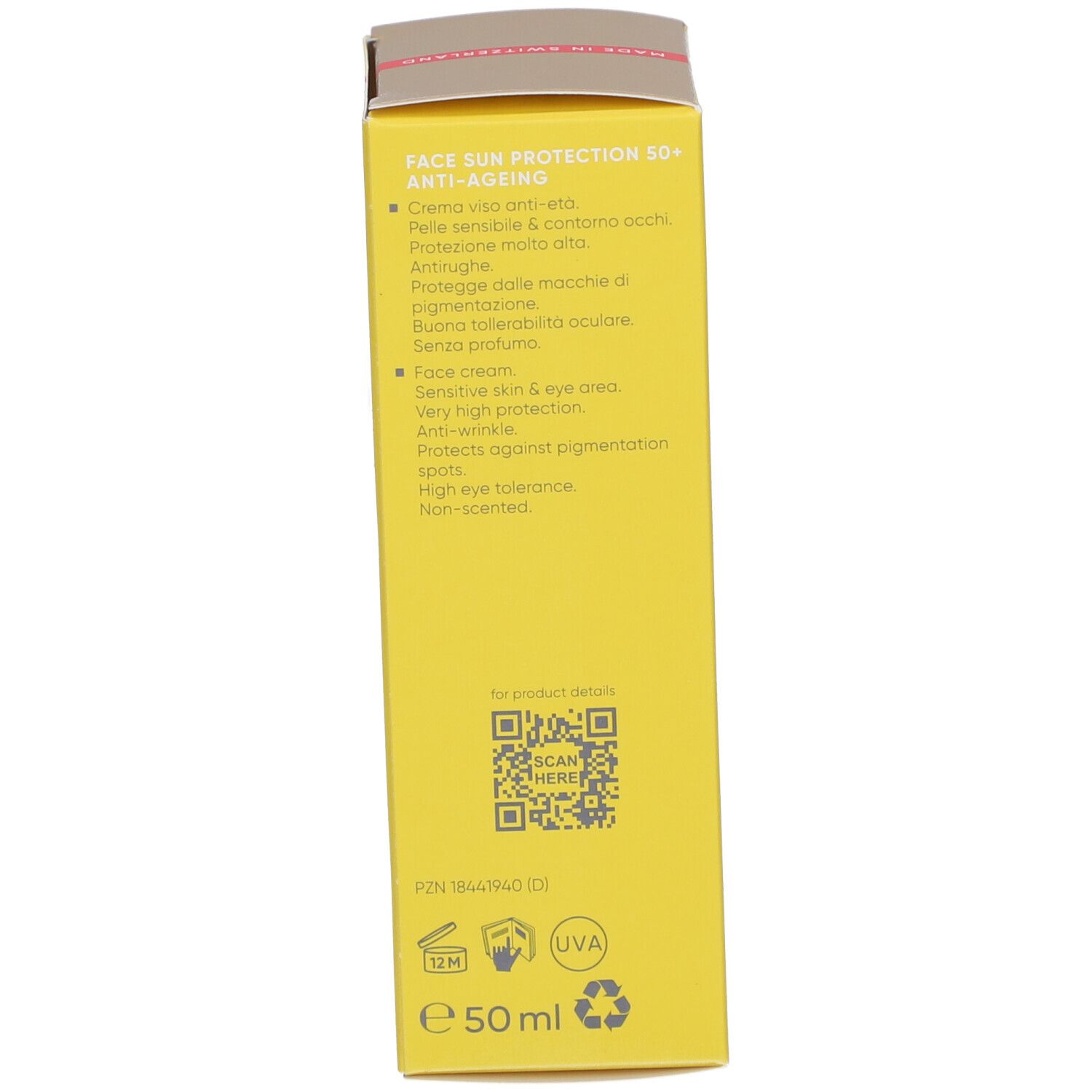 Dos de la boîte de crème solaire. Texte en plusieurs langues. Contient des informations sur l'utilisation et les ingrédients.
