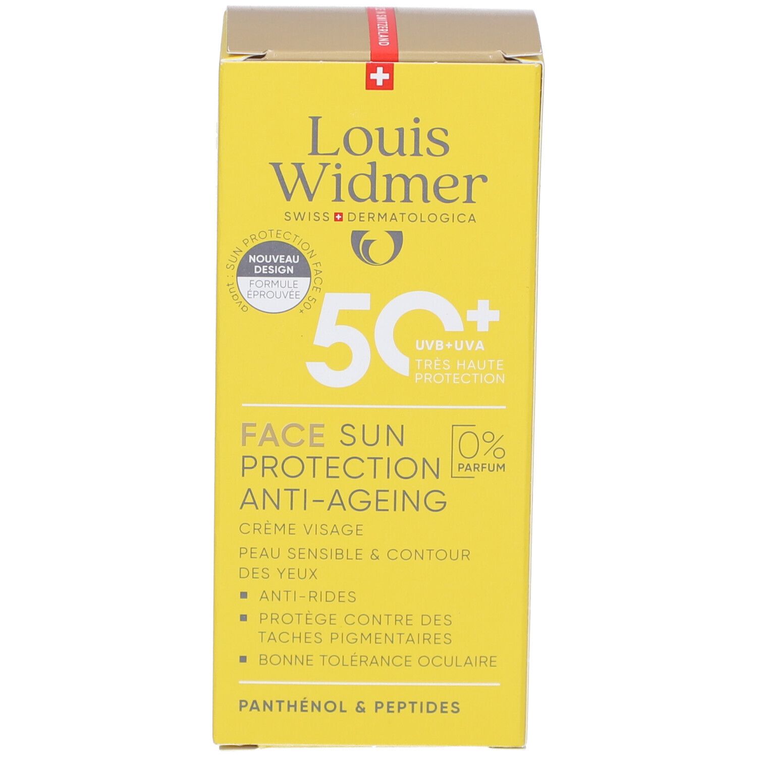 Boîte jaune de crème solaire. Inscription: Louis Widmer, 50+, Face Sun Protection Anti-Ageing. Avec '0% Parfum' et certifications.