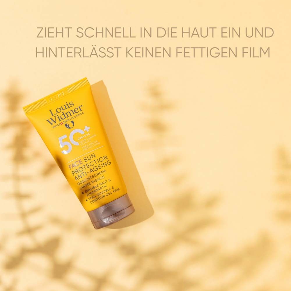 Gelbe Tube Louis Widmer. Text: Face Sun Protection Anti-Ageing 50. Zieht schnell ein und hinterlässt keinen fettigen Film.