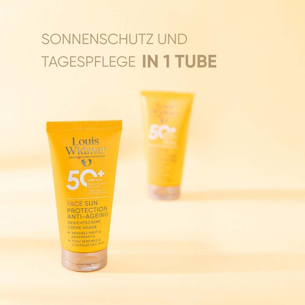 Zwei gelbe Tuben Louis Widmer. Text: Face Sun Protection Anti-Ageing 50. Sonnenschutz und Tagespflege in 1 Tube.