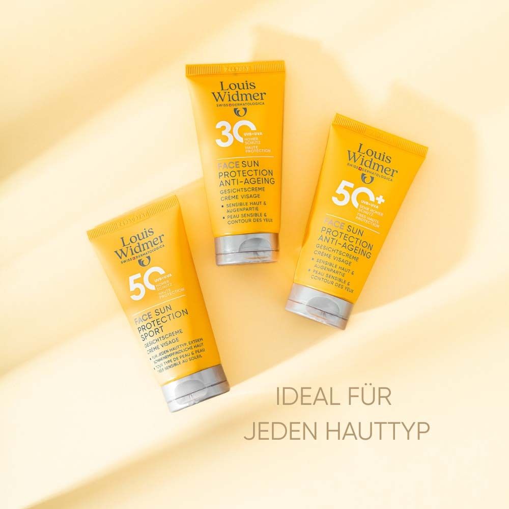 Drei gelbe Tuben Louis Widmer Sun Protection. 50+, 30, 50+. Ideal für jeden Hauttyp. Gesichtscreme.