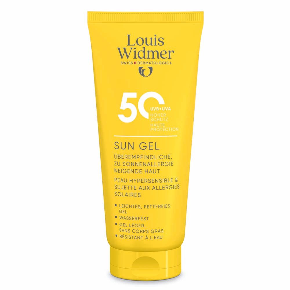 Tube jaune Louis Widmer® Sun Gel SPF 50+. Texte: Sun Gel, 50, UVB+UVA, haute protection. Résistant à l'eau, pour peaux allergiques au soleil.