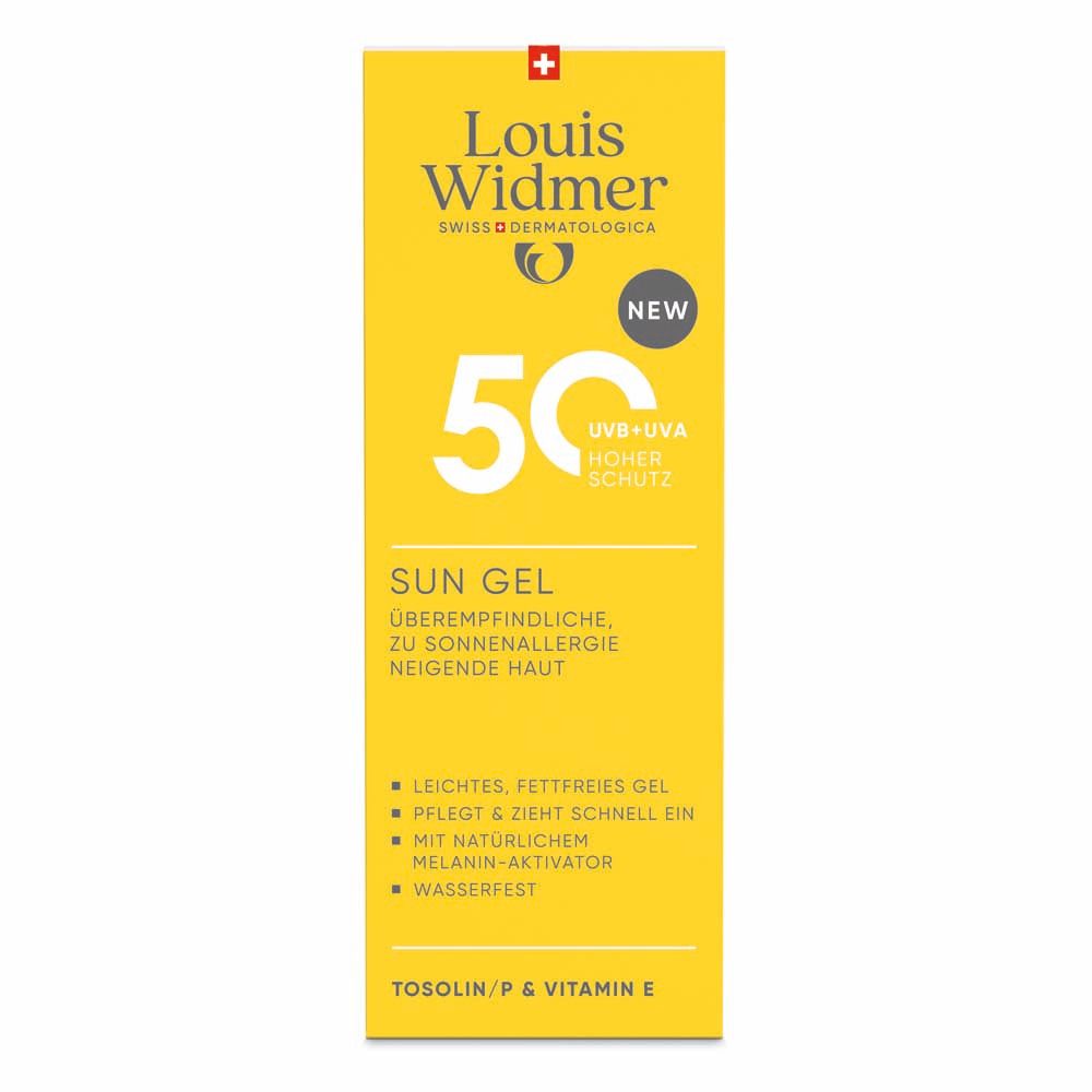 Emballage jaune Louis Widmer® Sun Gel SPF 50+. Texte: Sun Gel, 50, UVB+UVA, haute protection. Nouveau. Pour peaux allergiques au soleil. Formule légère.