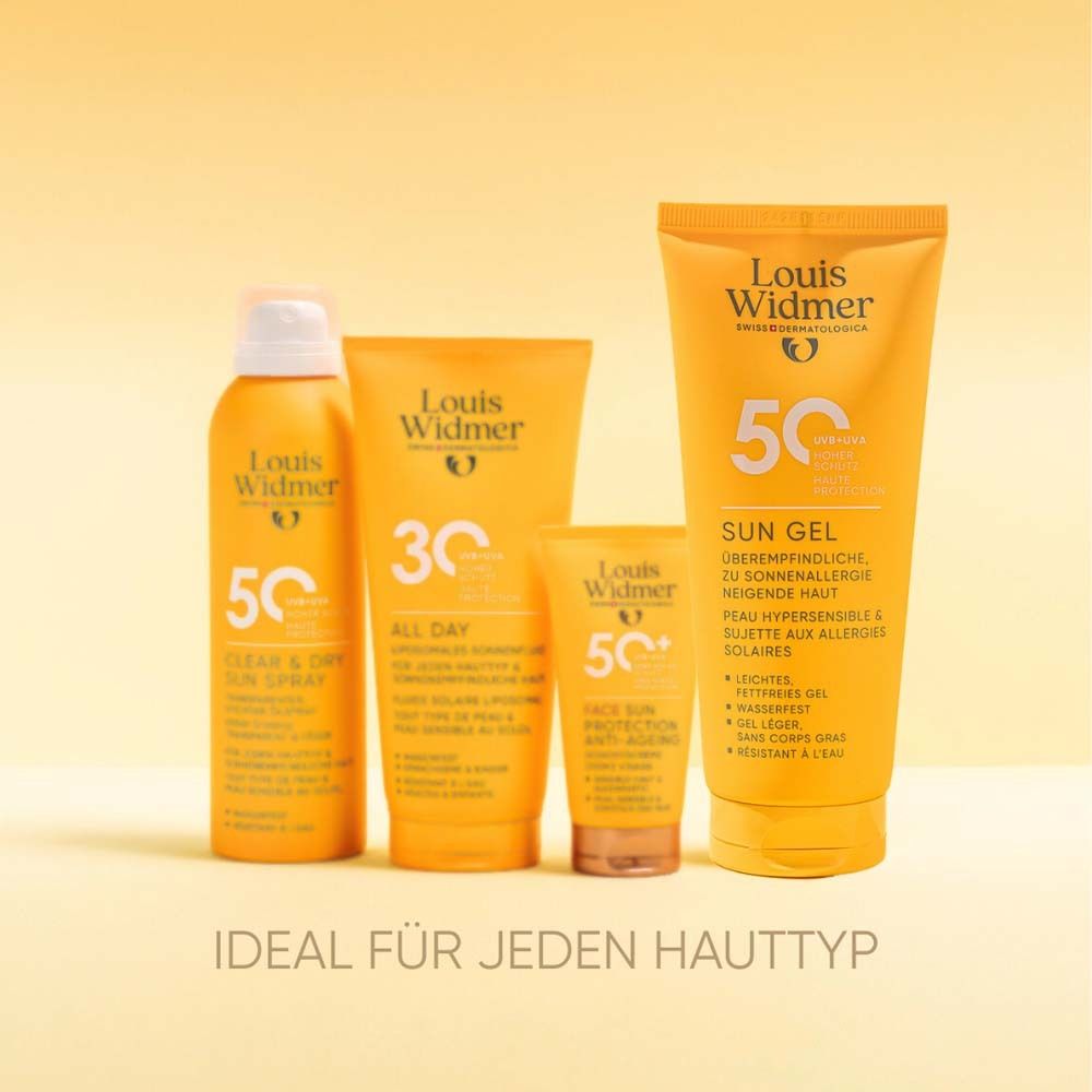 Différents produits de protection solaire Louis Widmer. Bouteilles et tubes en jaune et blanc.