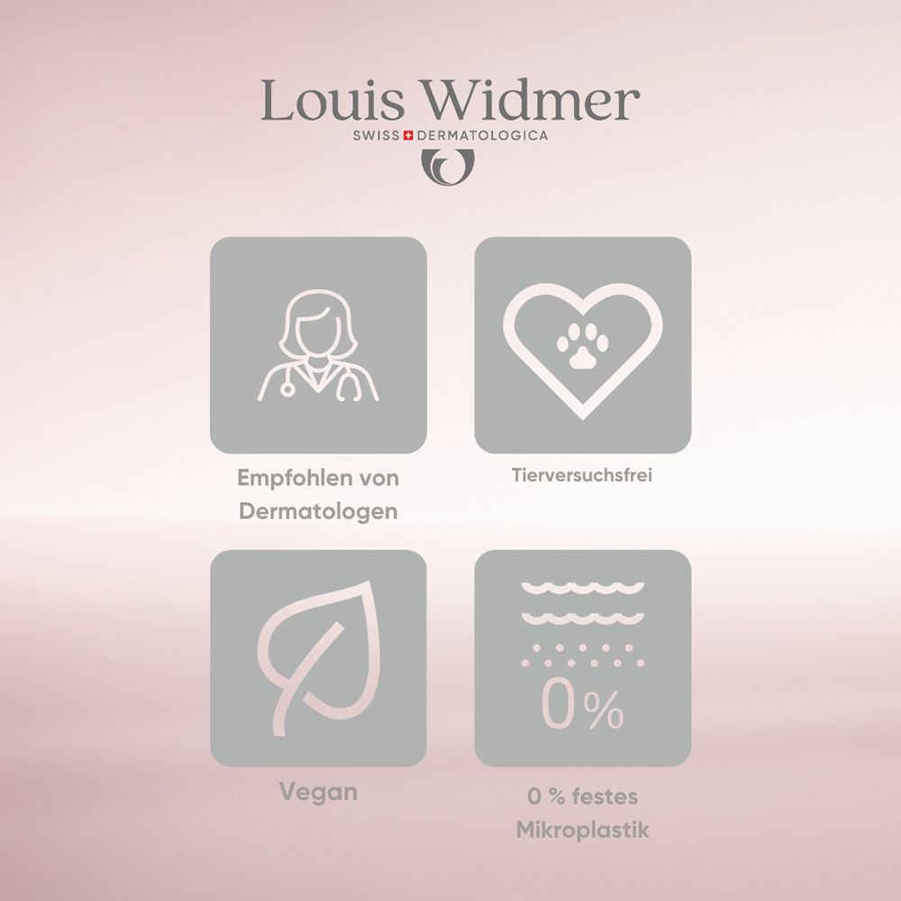 Louis Widmer nutriderm Icons: Dermatologen empfohlen, Tierversuchsfrei, Vegan, 0% Mikroplastik.