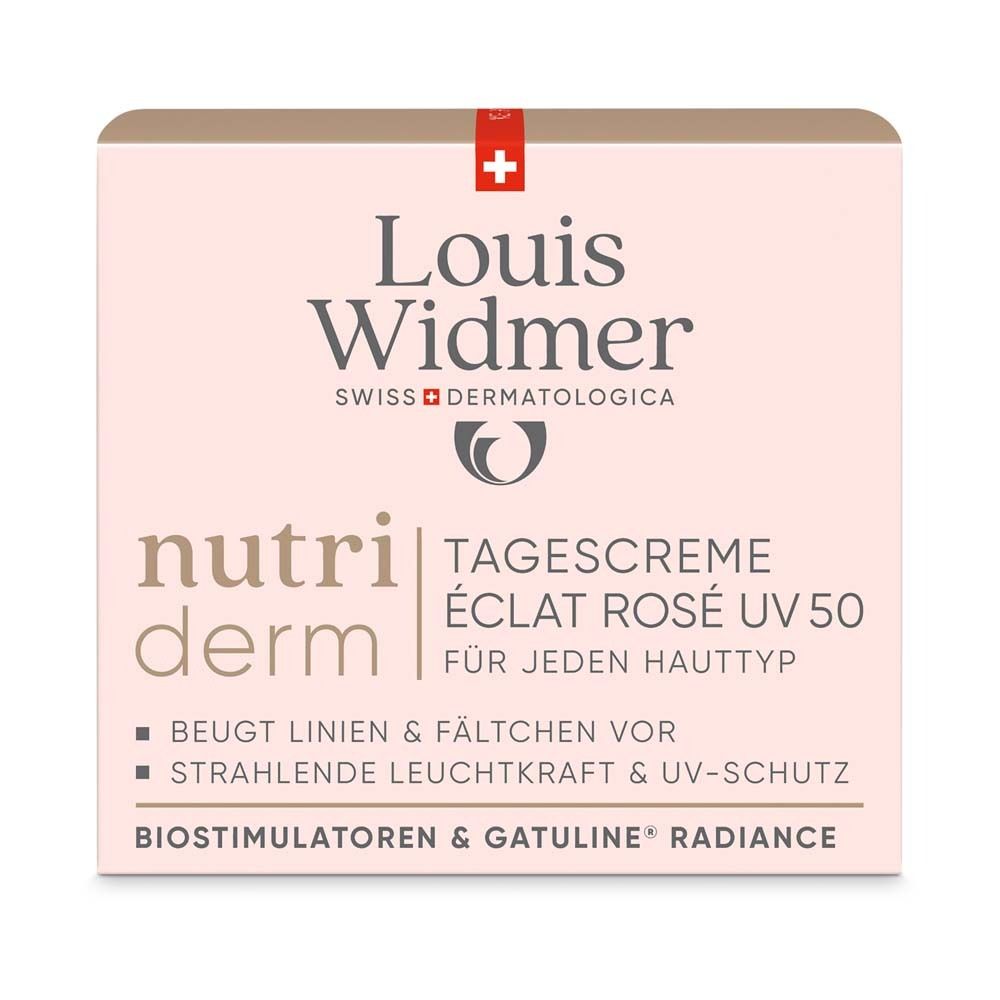 Emballage de Louis Widmer Nutriderm Crème de jour Éclat Rosé UV 50. Texte : Prévient les rides, éclat et protection UV.