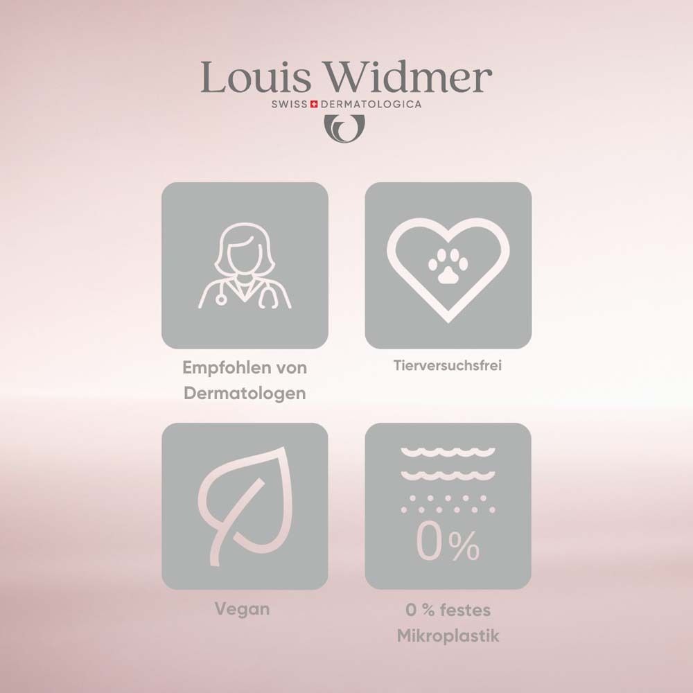Quatre icônes: Recommandé par les dermatologues, Sans tests sur les animaux, Vegan, 0% microplastique. Logo: Louis Widmer.