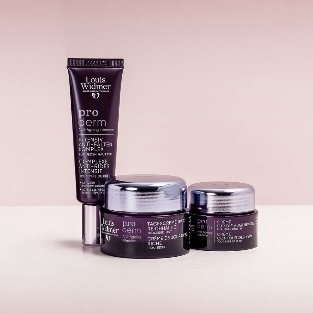 Produits Louis Widmer pro derm Anti-Aging Intensive: Crème de nuit, crème de jour, contour des yeux.