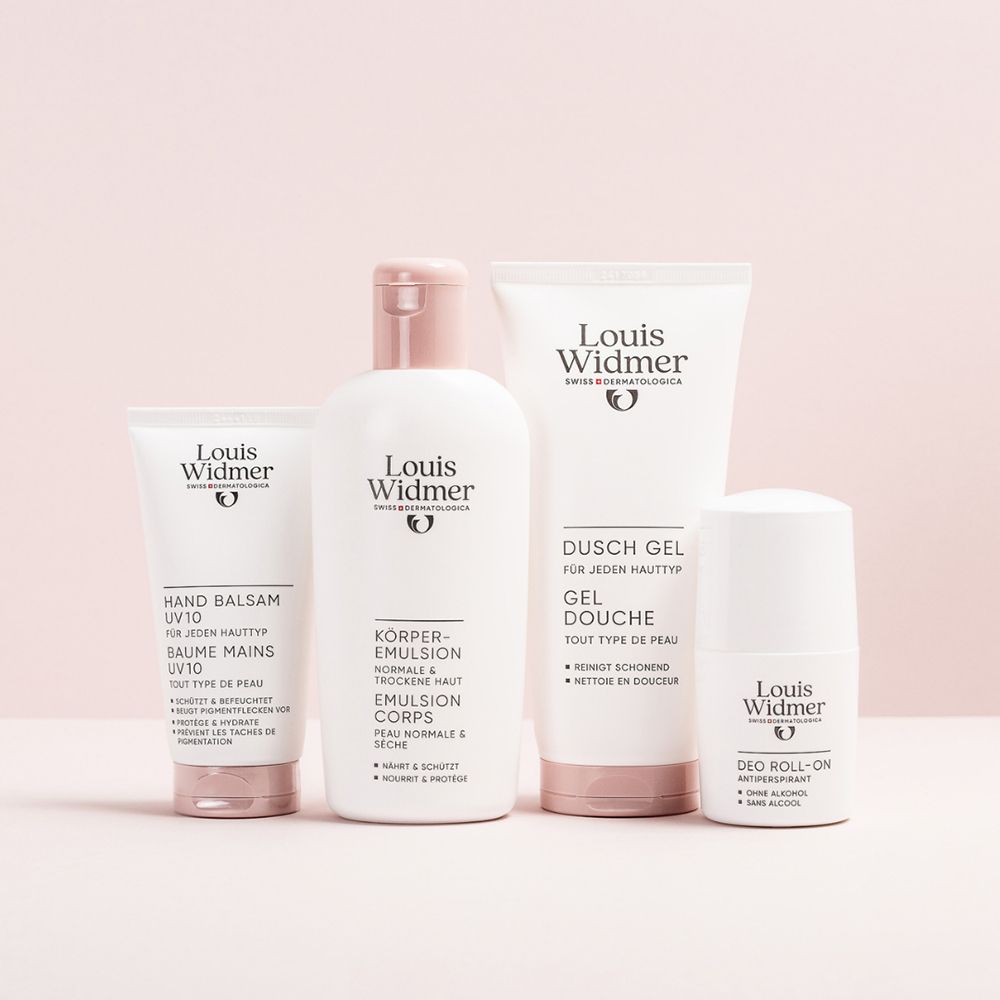 Produits de soins corporels Louis Widmer : Baume pour les mains, Émulsion corps, Gel douche, Déodorant Roll-on.