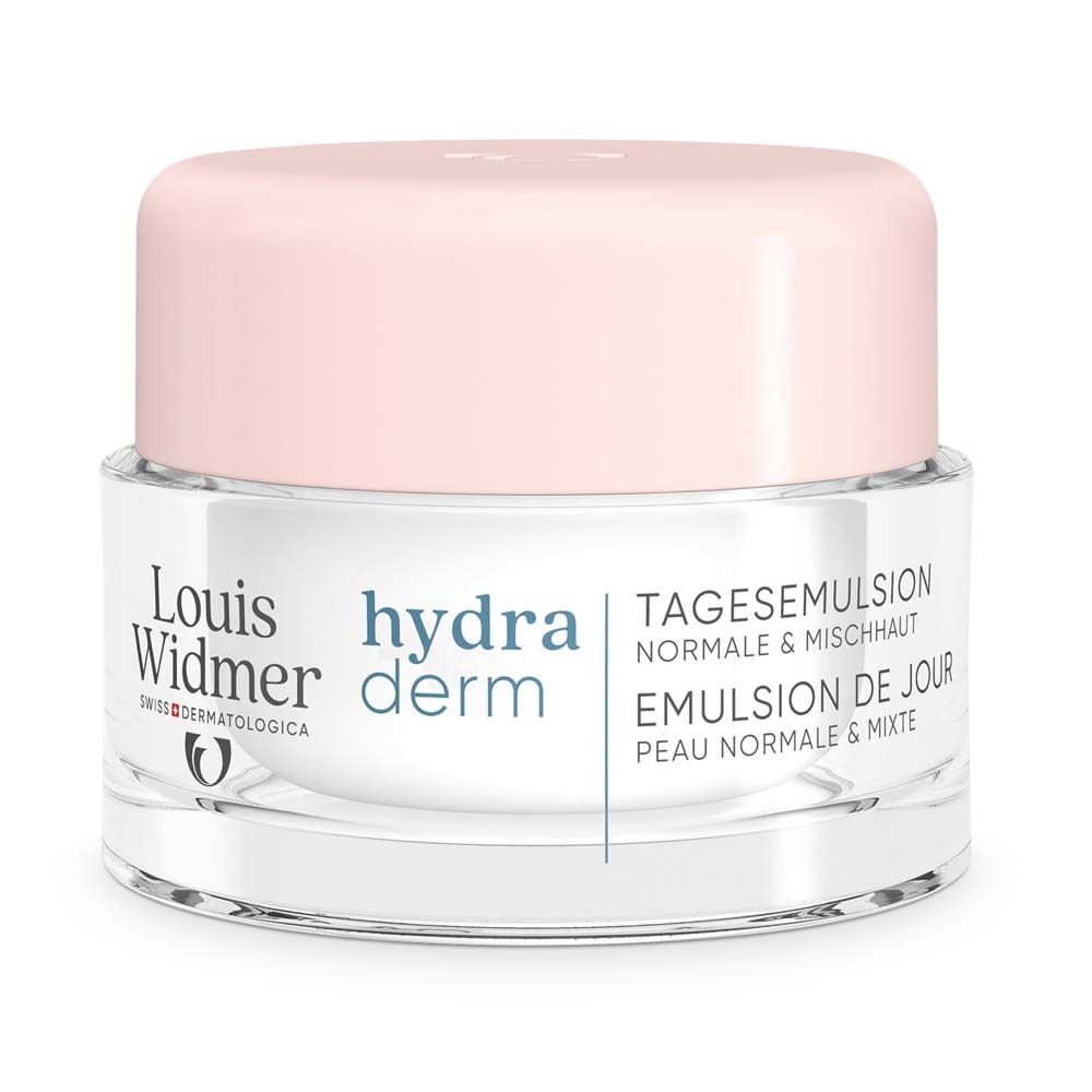 Pot de crème avec couvercle rose. Inscription : Louis Widmer hydra derm Emulsion de jour pour peaux normales et mixtes.