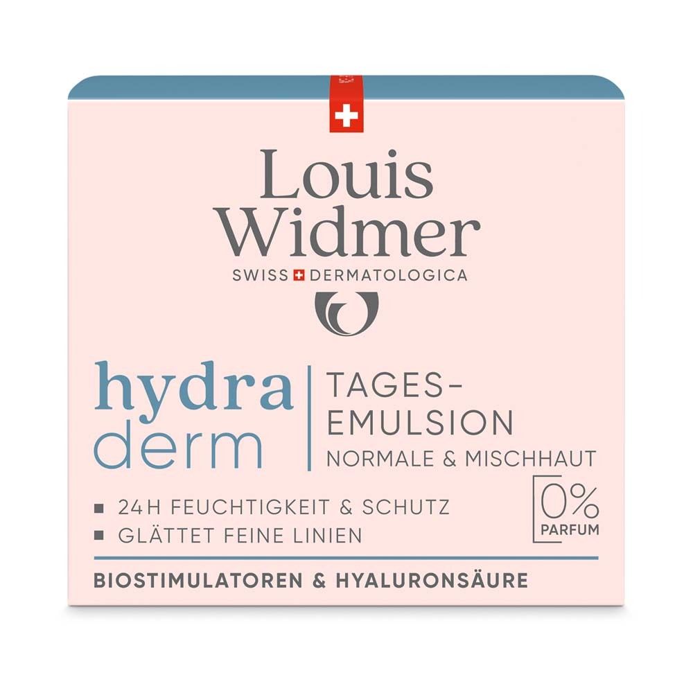 Emballage avec nom et détails du produit. Contient : hydra derm Emulsion de jour, 24h hydratation & protection, lisse les ridules.