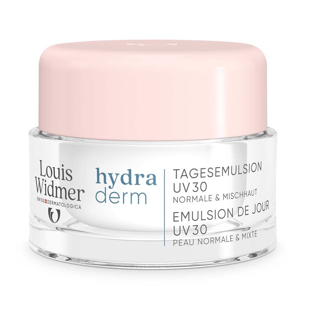 Pot de crème avec couvercle rose. Inscription: Louis Widmer hydraderm Emulsion de jour UV 30 pour peaux normales et mixtes.