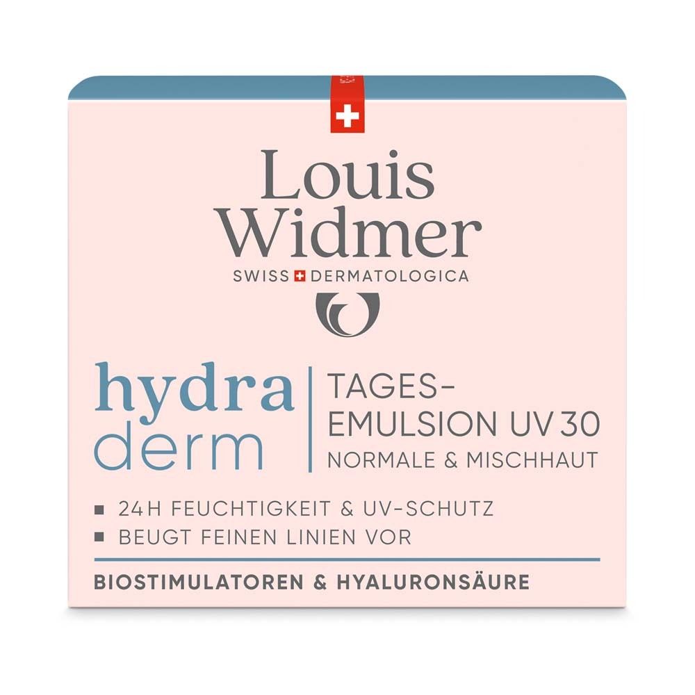 Emballage avec inscription: Louis Widmer hydraderm Emulsion de jour UV 30 pour peaux normales et mixtes. Ingrédients.