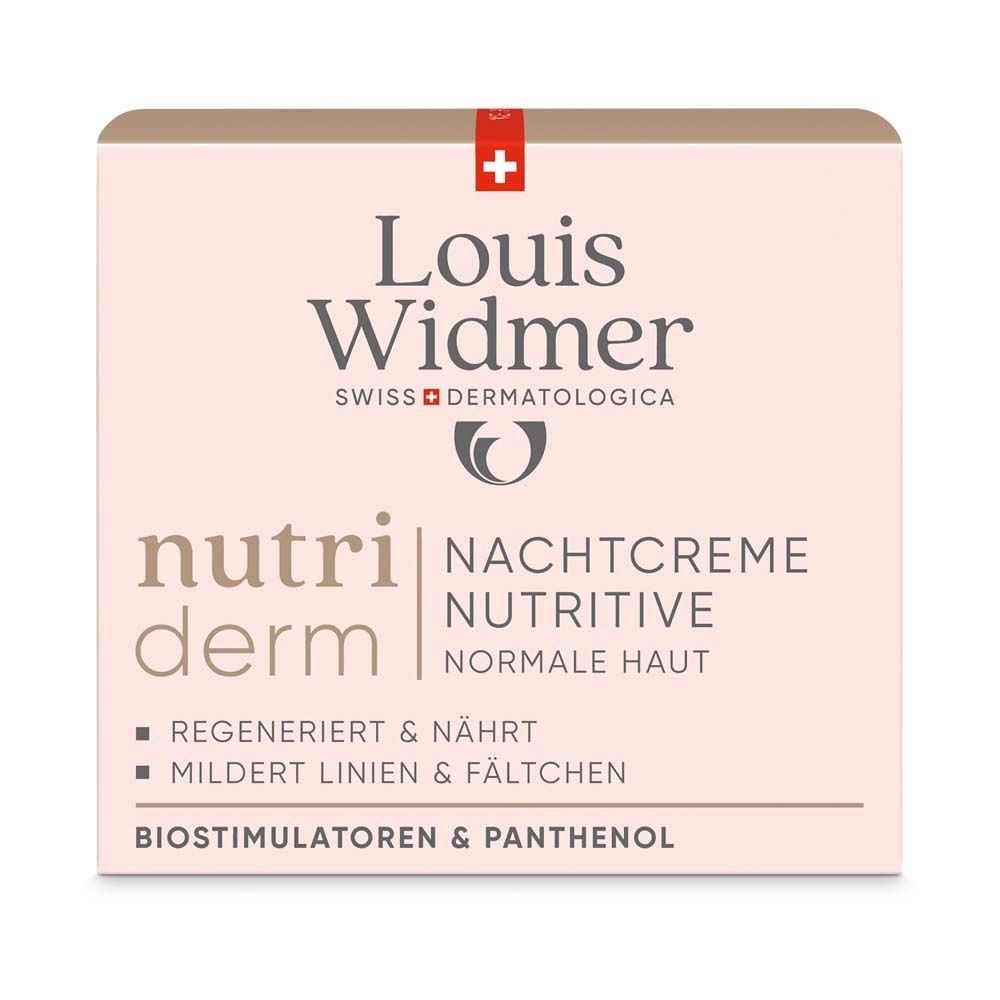 Boîte avec informations produit. Logo Louis Widmer, nom du produit, texte: Crème de nuit, nutritive, peau normale.