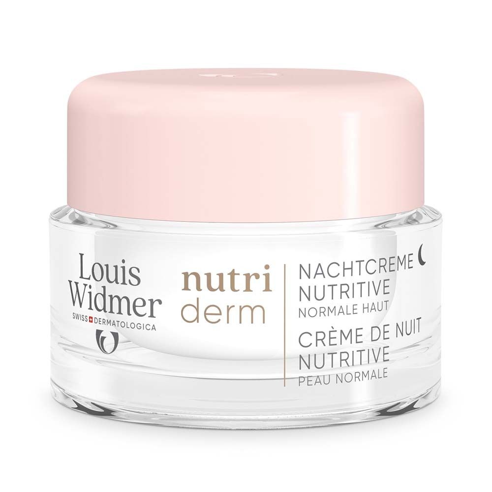 Creme-Tiegel mit rosa Deckel. Aufschrift: Louis Widmer, nutriderm, Nachtcreme Nutritive, Crème de nuit nutritive.