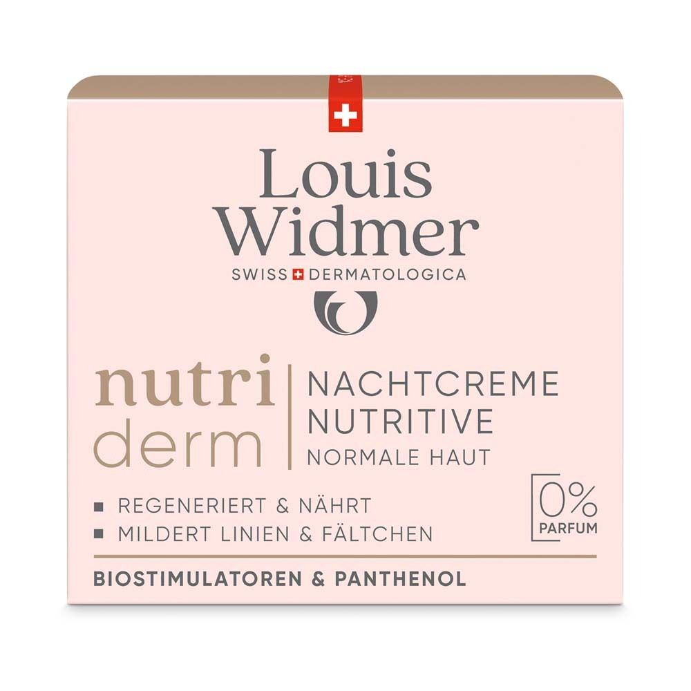 Karton mit Aufschrift: Louis Widmer, nutriderm, Nachtcreme Nutritive, Normale Haut. Enthält 0% Parfum.