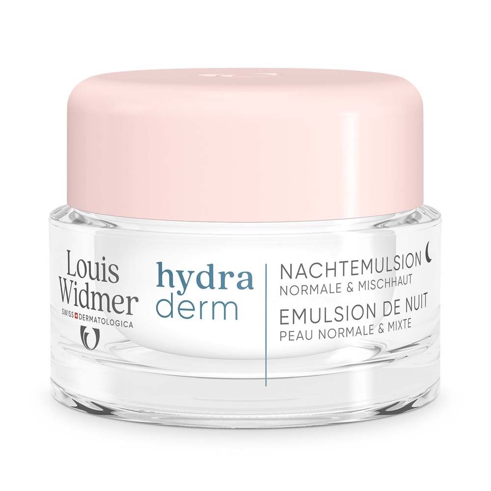 Pot de crème avec couvercle rose. Sur l'étiquette : Louis Widmer, hydra derm, Emulsion de nuit, peaux normales et mixtes.