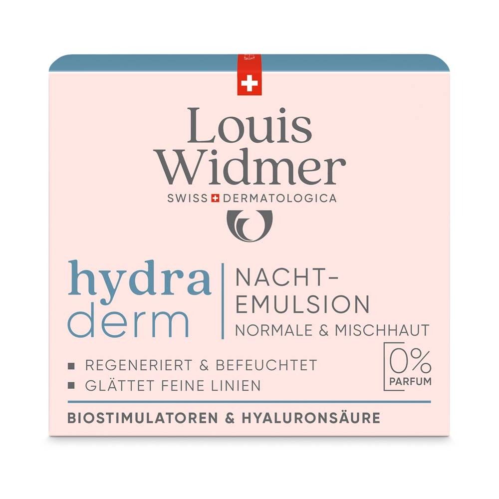 Boîte avec informations sur le produit. Inscription : Louis Widmer, hydra derm, Emulsion de nuit, 0% parfum. Contient de l'acide hyaluronique.
