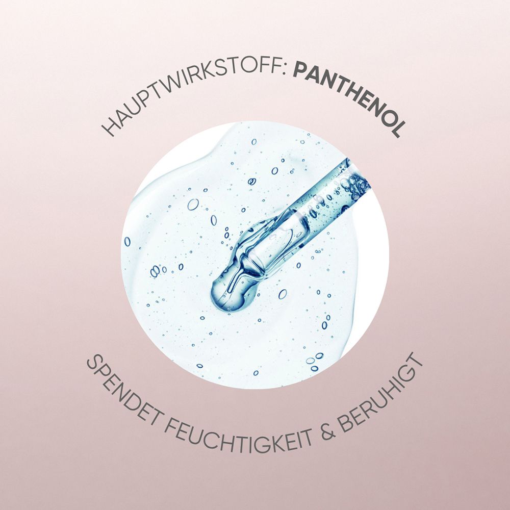 Pipette avec gel sur une surface de peau, symbolisant le panthénol et l'hydratation.