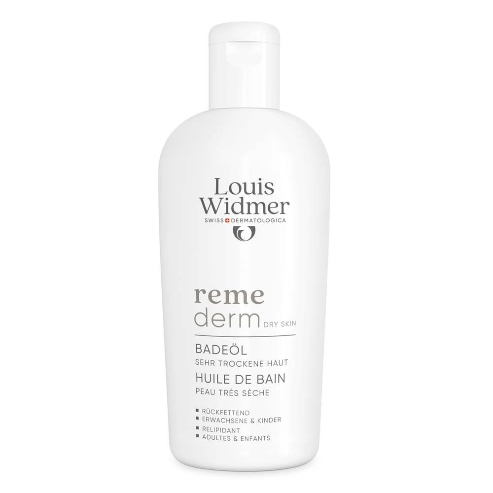 Flacon blanc Louis Widmer Remederm Huile de Bain pour peaux très sèches. Nom du produit et logo visibles.