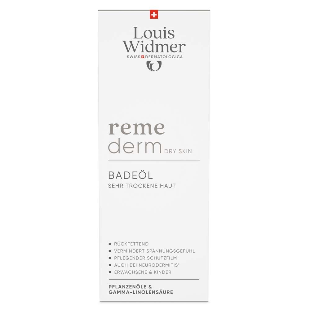 Emballage blanc Louis Widmer Remederm Huile de Bain pour peaux très sèches. Nom, logo et ingrédients visibles.