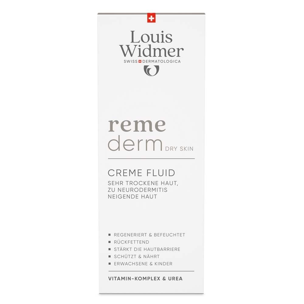 Emballage blanc Louis Widmer Remederm Crème Fluid. Nom du produit et texte en allemand.