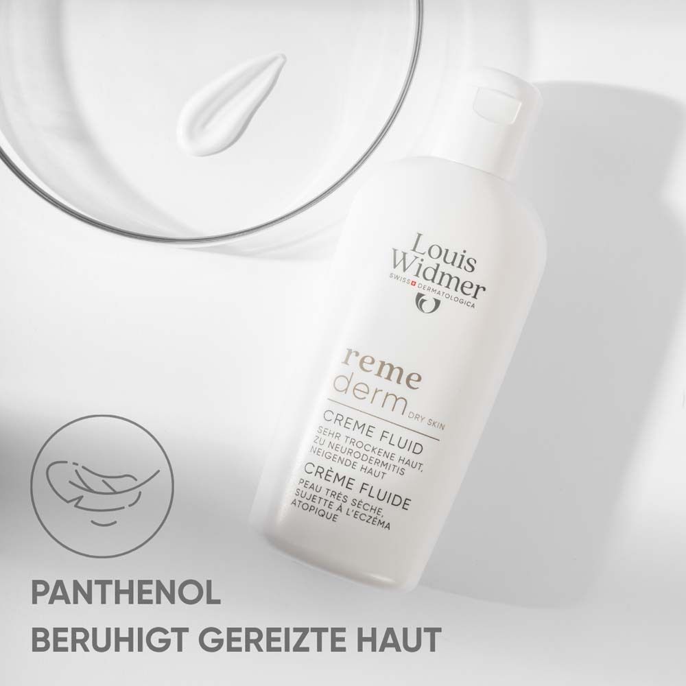 Flacon blanc Louis Widmer remederm Creme Fluid. Peau sèche. Panthénol.