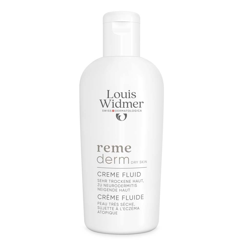 Flacon blanc Louis Widmer Remederm Crème Fluid. Inscription: Crème Fluid pour peaux très sèches. Avec bouchon rabattable.