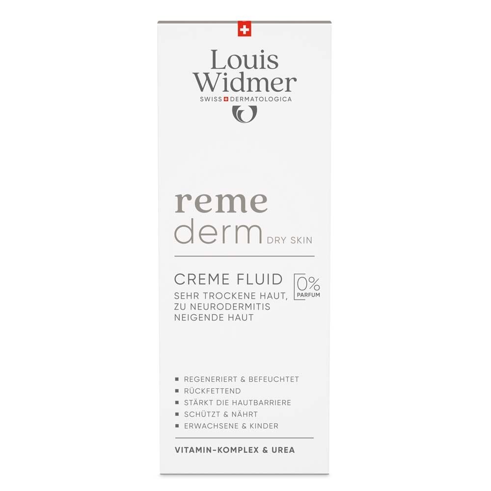 Emballage blanc Louis Widmer Remederm Crème Fluid. Inscription: Crème Fluid pour peaux très sèches. 0% Parfum. Ingrédients.