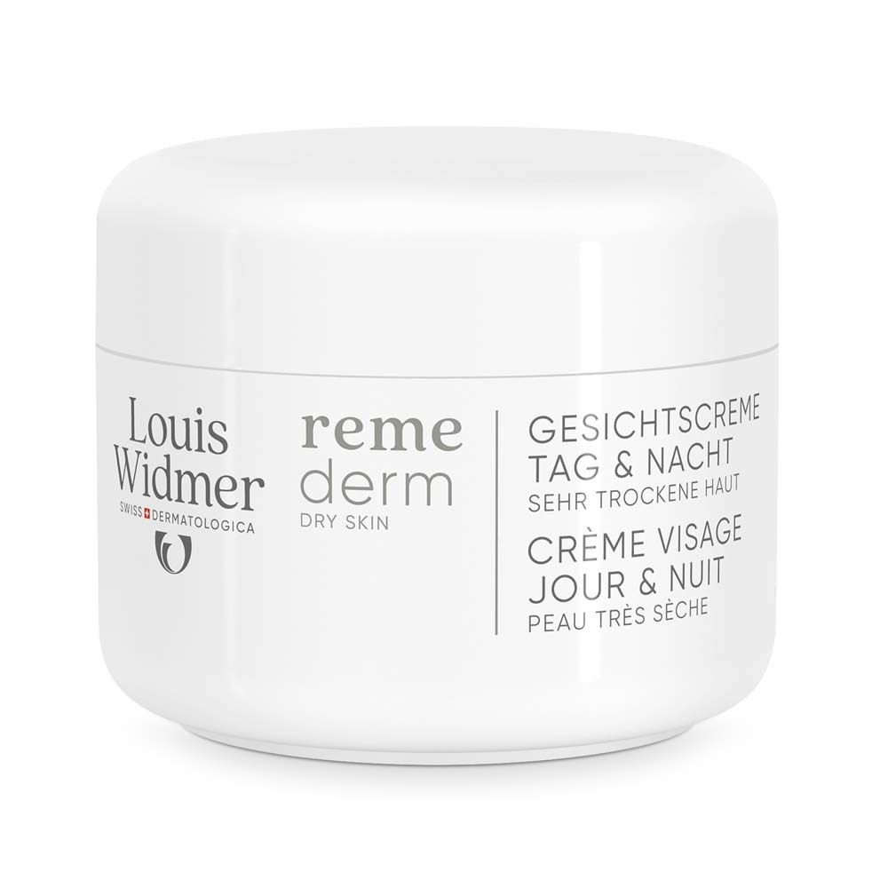 Pot blanc avec couvercle. Inscription: Louis Widmer, remederm, Crème visage jour & nuit pour peaux très sèches.