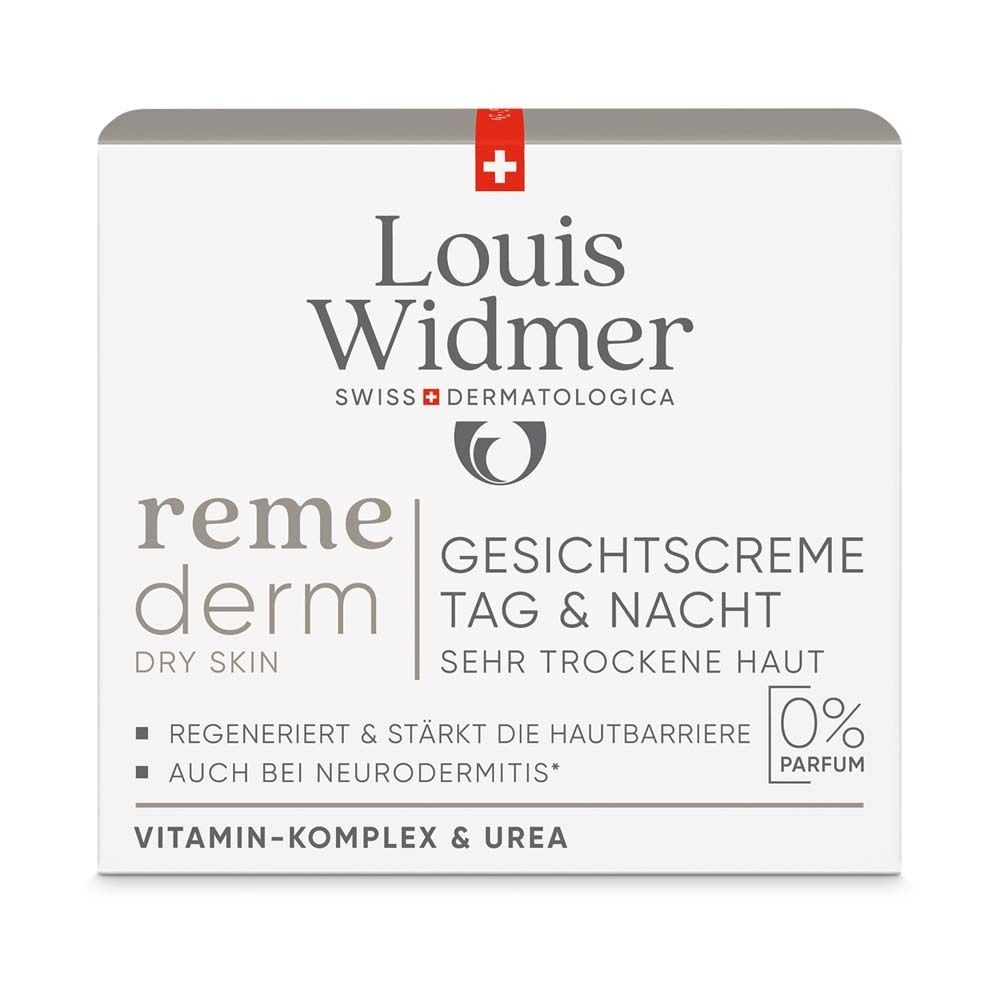 Boîte pliante blanche avec croix rouge. Inscription: Louis Widmer, remederm, Crème visage jour & nuit pour peaux très sèches.