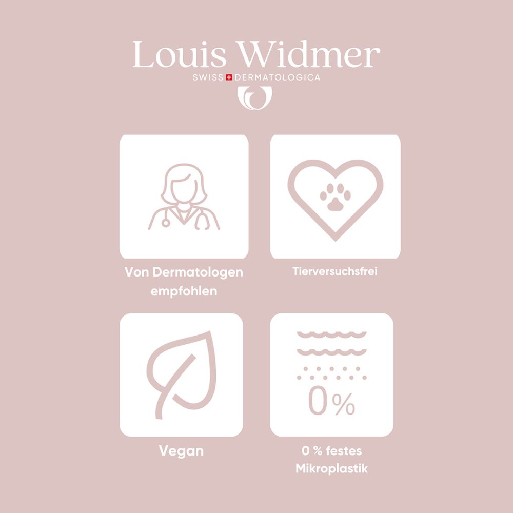 Icônes produit Louis Widmer : Recommandé par les dermatologues, non testé sur les animaux, vegan, sans microplastique.