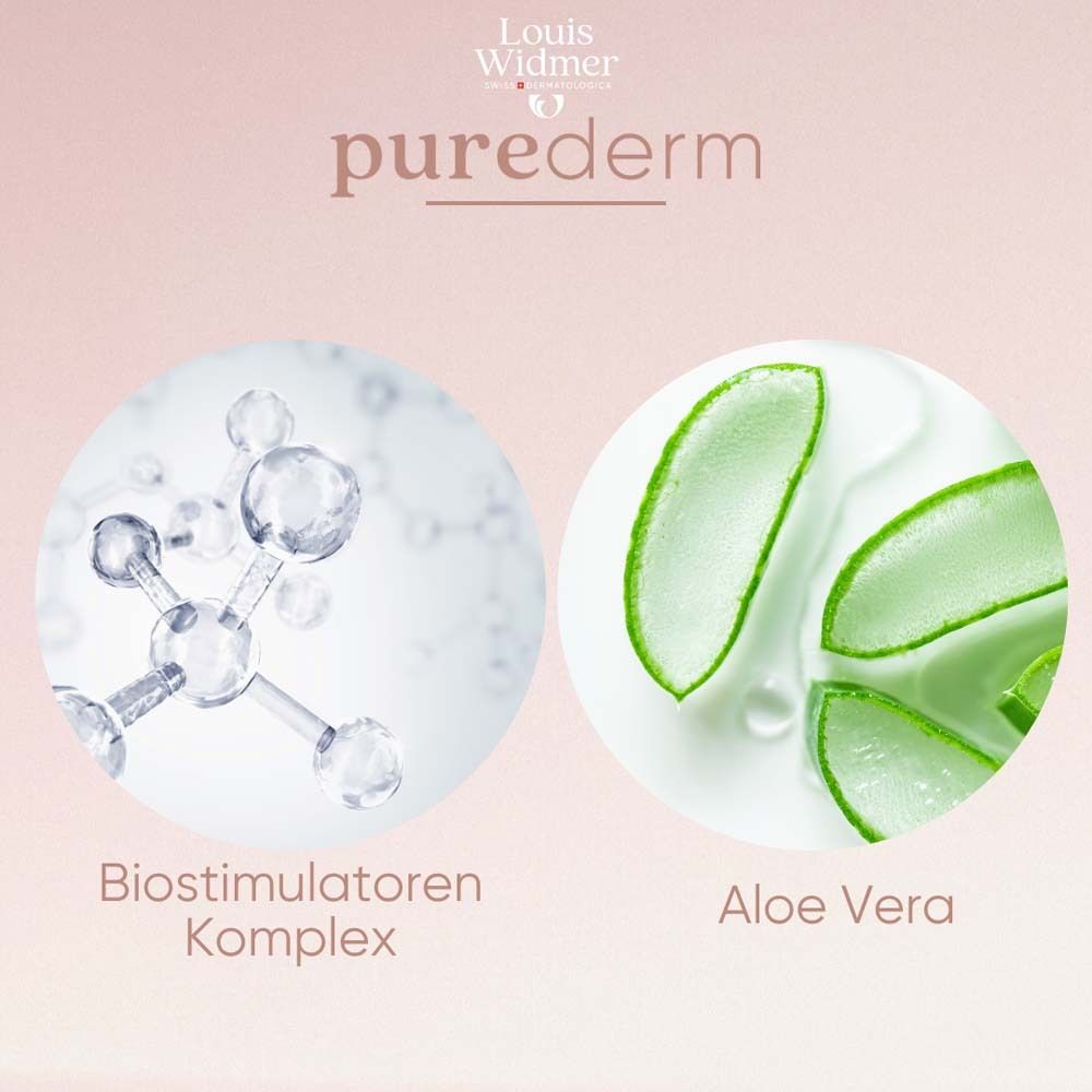 Kreisförmige Abbildungen. Links: Molekülstruktur. Rechts: Aloe Vera Blätter. Text: Biostimulatoren Komplex, Aloe Vera.