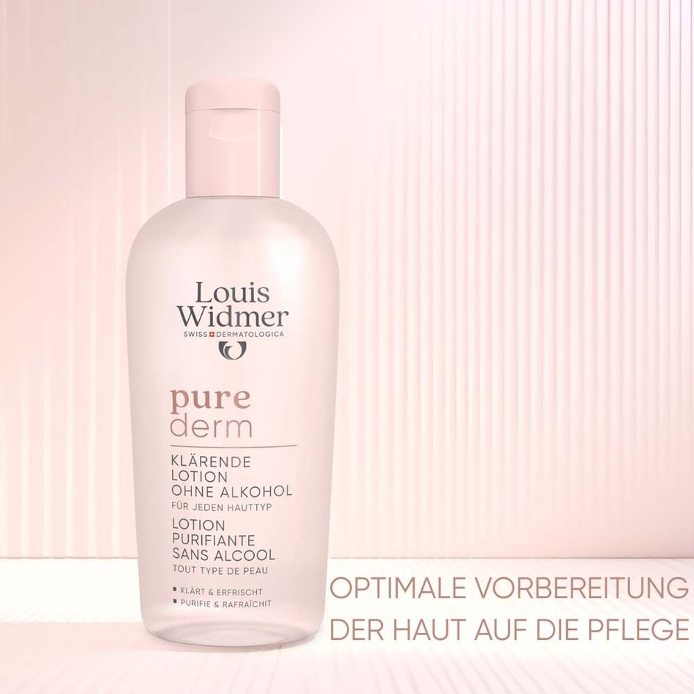 Rosa Flasche. Aufschrift: Louis Widmer, pure derm, Klärende Lotion ohne Alkohol. Text: Optimale Vorbereitung.