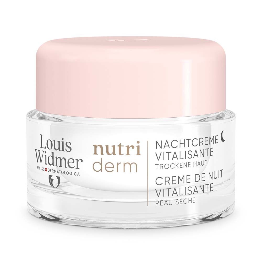 Pot de crème avec couvercle rose. Inscription: Louis Widmer, Nutriderm, Crème de nuit vitalisante, peau sèche.