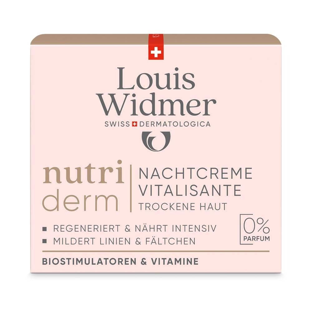 Boîte avec inscription: Louis Widmer, Nutriderm, Crème de nuit vitalisante, peau sèche. 0% parfum.