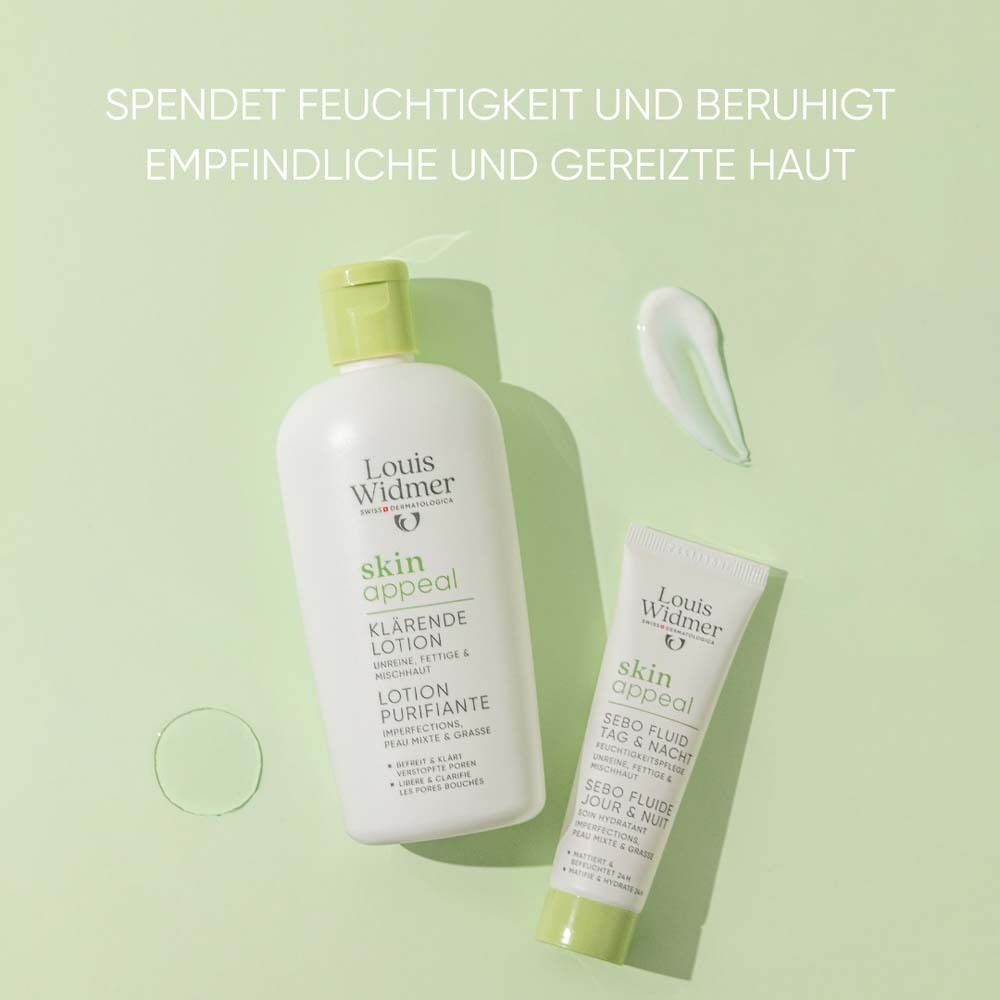 Zwei Produkte: Klärende Lotion und Sebo Fluid. Aufschrift: Louis Widmer, skin appeal. Spendet Feuchtigkeit und beruhigt empfindliche und gereizte Haut.