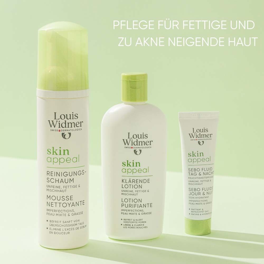 Drei Produkte: Louis Widmer skin appeal Reinigungsschaum, klärende Lotion und Sebo Fluid. Text: Pflege für fettige Haut.