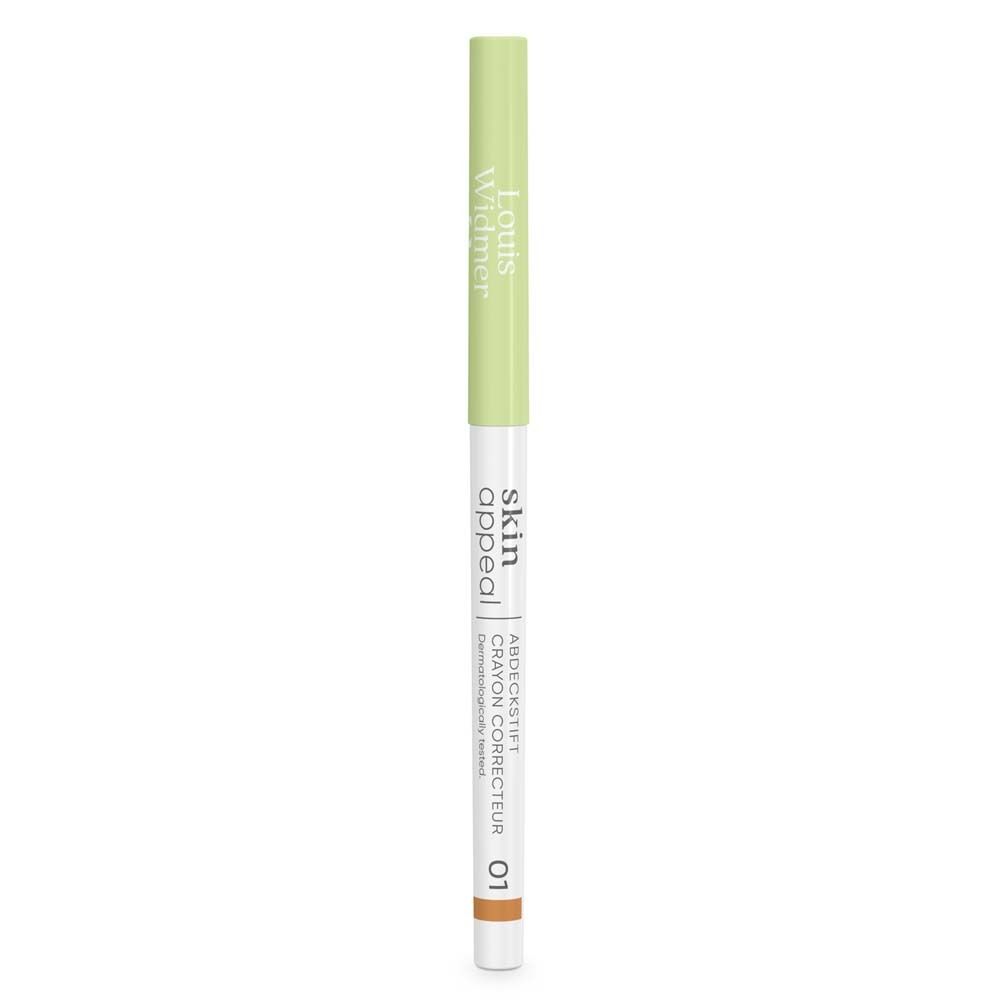 Crayon correcteur Louis Widmer Skin Appeal 01. Crayon vert et blanc avec pointe marron. Texte: Skin Appeal, Crayon correcteur 01.
