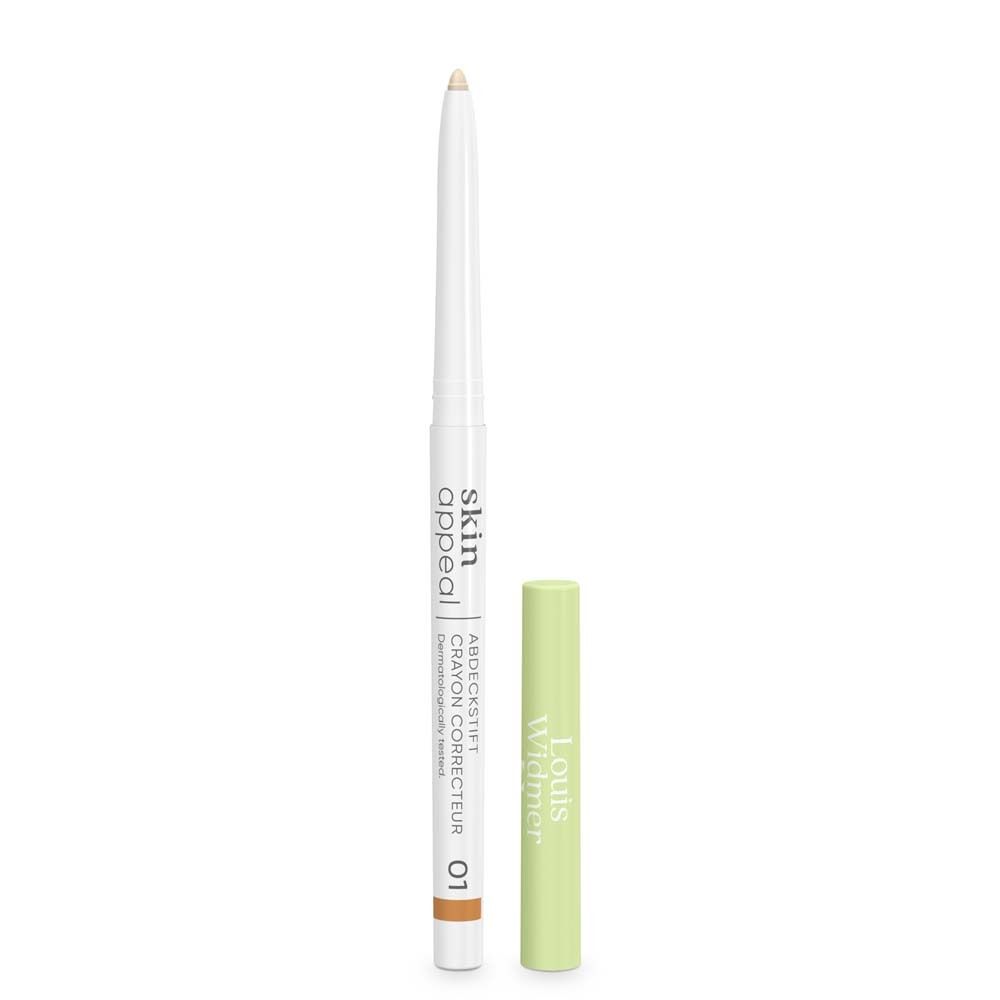 Crayon correcteur Louis Widmer Skin Appeal 01. Crayon blanc avec capuchon vert et pointe marron. Texte: Skin Appeal, Crayon correcteur 01.
