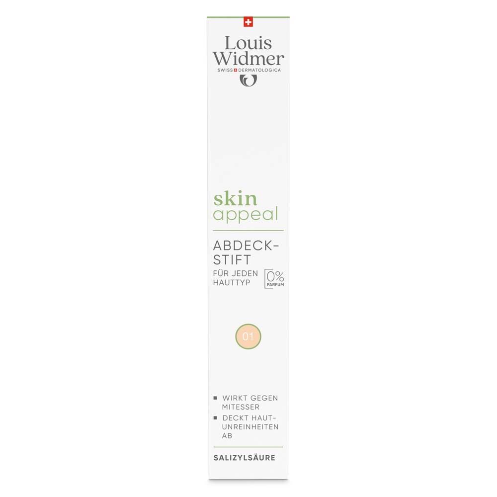 Louis Widmer Skin Appeal Correcteur. Emballage blanc avec image du produit et texte. Texte: Skin Appeal, Correcteur, 0% Parfum.