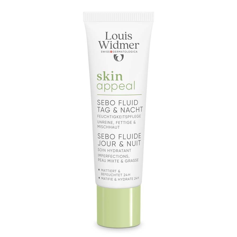 Louis Widmer Skin Appeal Sebo Fluid Tag & Nacht. Weiße Tube mit grüner Kappe. Text: Skin Appeal, Sebo Fluid, Tag & Nacht.