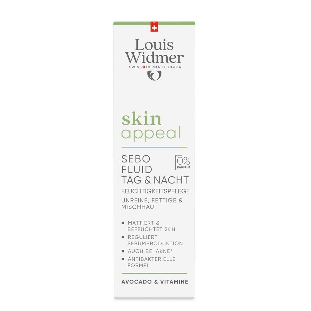Louis Widmer Skin Appeal Sebo Fluid Tag & Nacht. Weiße Verpackung mit rotem Kreuz. Text: Skin Appeal, Sebo Fluid, 0% Parfum.