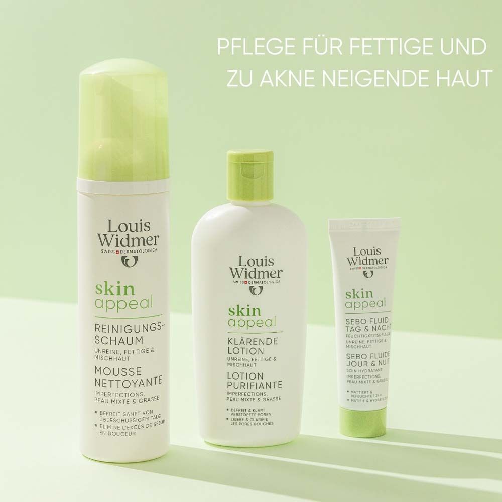 Trois produits: mousse nettoyante, lotion clarifiante et Sebo Fluid. Inscription: Louis Widmer, skin appeal. Emballage vert et blanc.