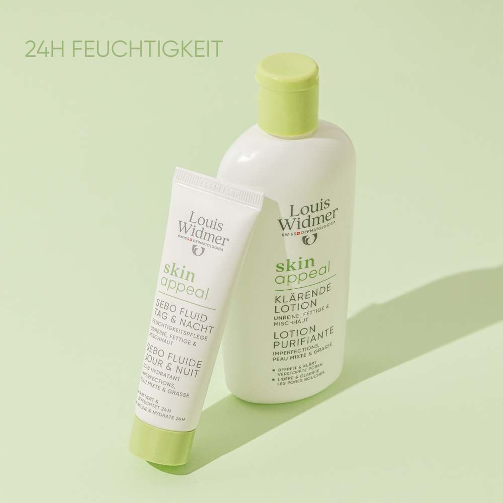 Sebo Fluid et lotion clarifiante. Inscription: Louis Widmer, skin appeal. Emballage vert et blanc. Texte: 24h d'hydratation.