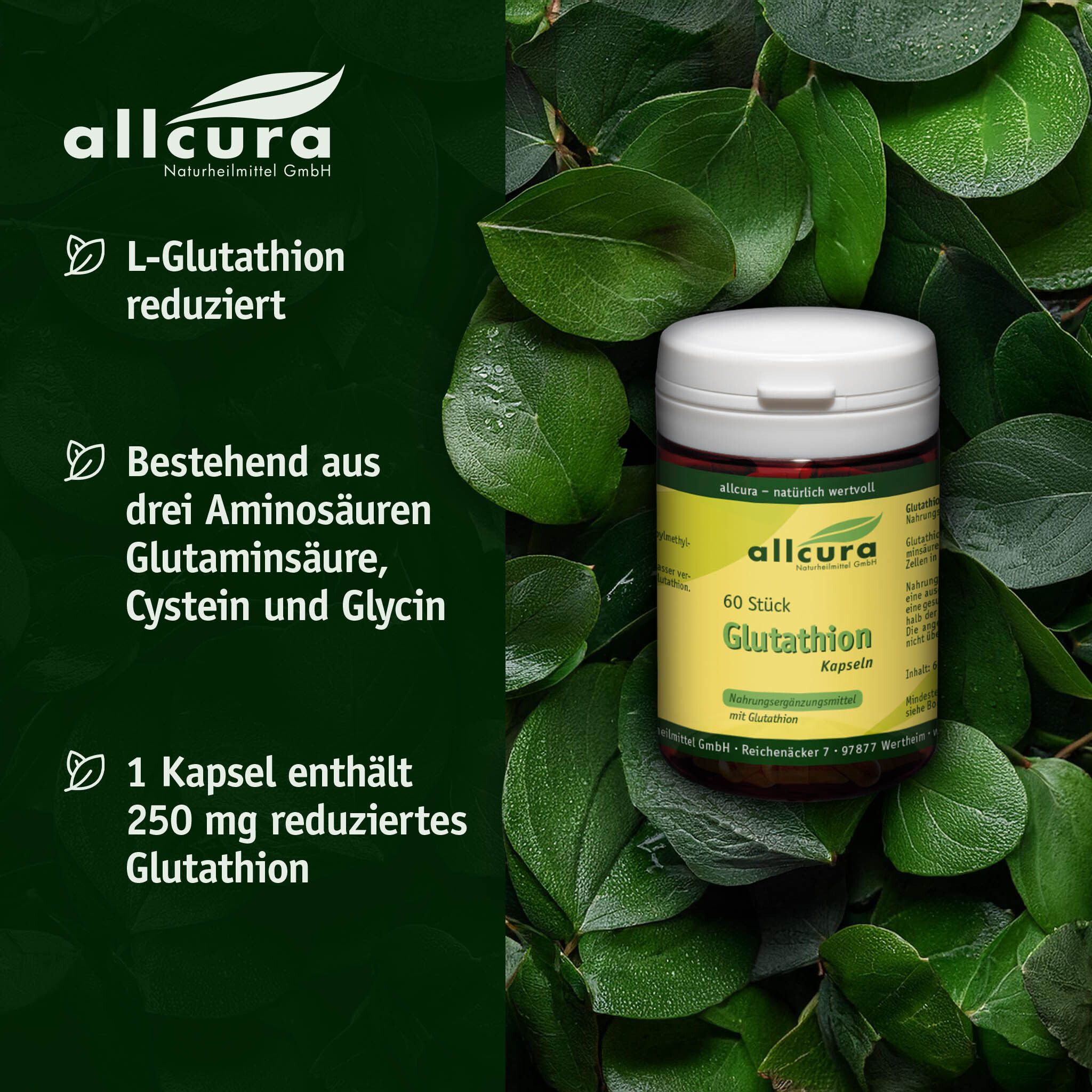 Boîte de gélules de glutathion entourée de feuilles vertes. Texte : L-Glutathion réduit, 3 acides aminés, 250mg Glutathion.