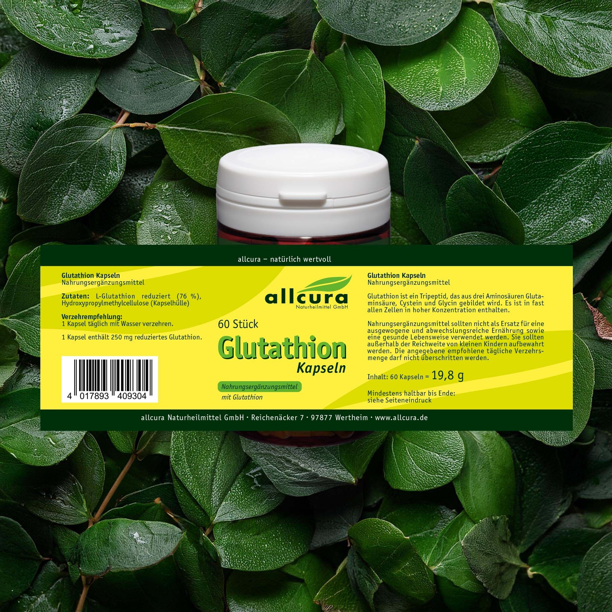 Boîte de gélules de glutathion entourée de feuilles vertes. Inscription : 60 pièces. Texte : 1 gélule contient 250 mg de glutathion réduit.