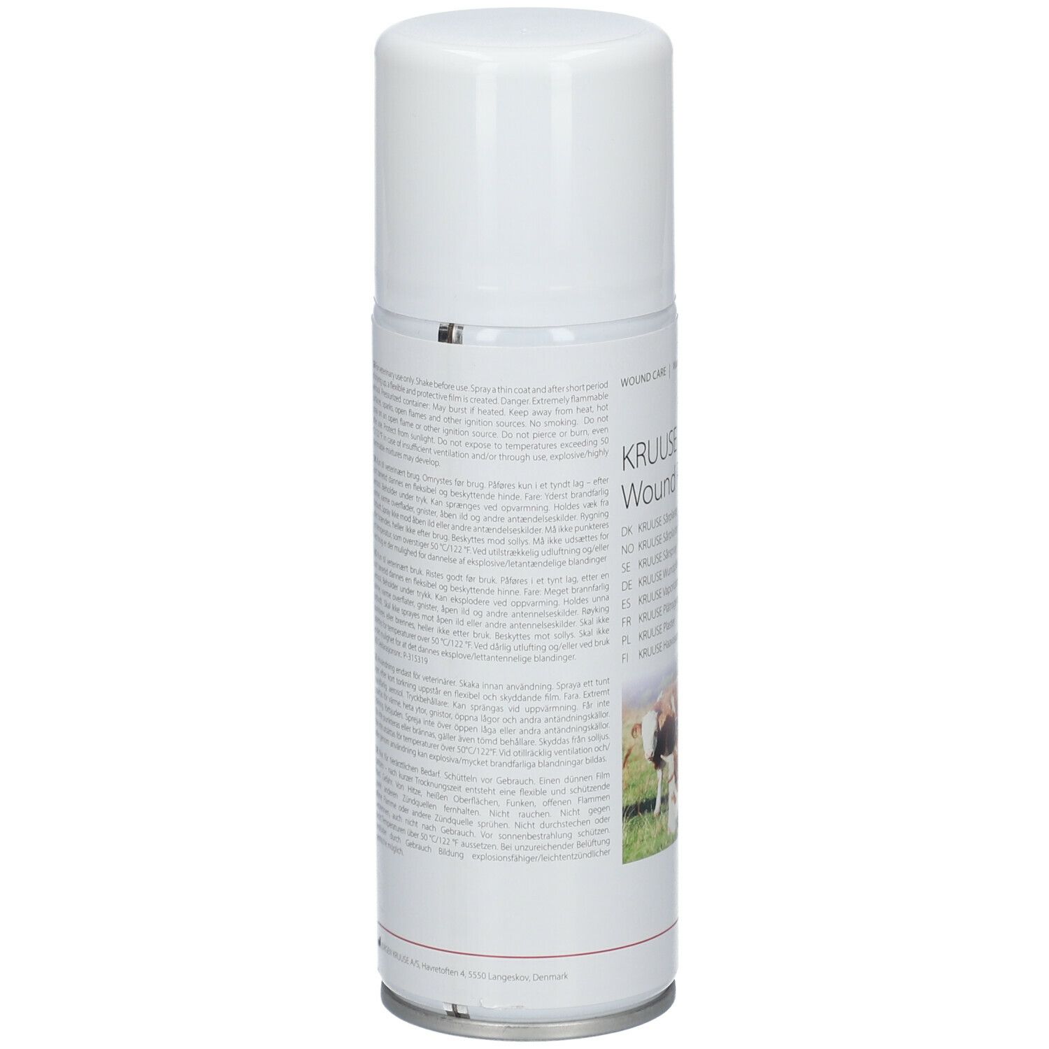 Rückseite des weißen Sprays. Text in mehreren Sprachen. Warnhinweis und Gefahrensymbol.